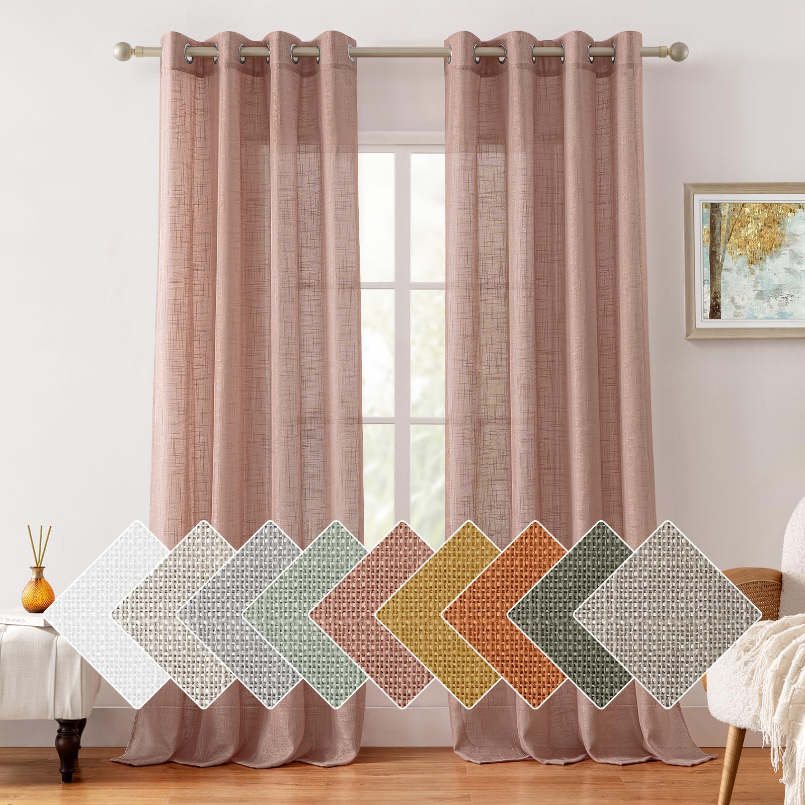 HOMEIDEAS Blush Pink Linen Sheer Curtains 108 Inches Long 2 Panels Textured Dusty Blush Semi Sheer Curtains Farmhouse Curtains S